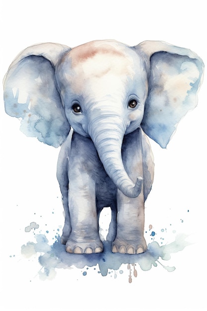 Baby elephant watercolor clipart cute isolated on white background with Generative AI Technology