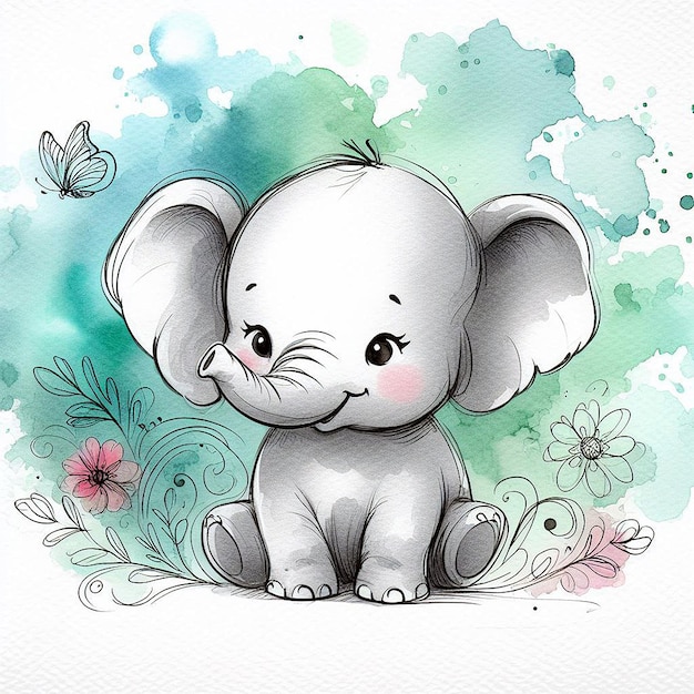 baby elephant in the watercolor forest