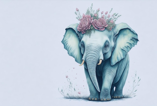 baby Elephant wearing flower hat flower water colour in soft background