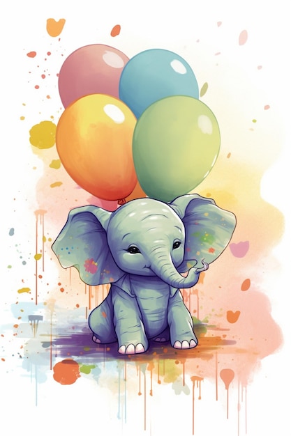 A baby elephant with balloons on his back