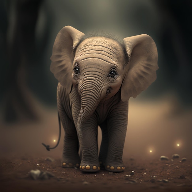 A baby elephant with a black background and the word elephant on it.