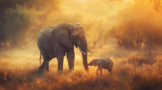 Photo a baby elephant with its mother in the wild