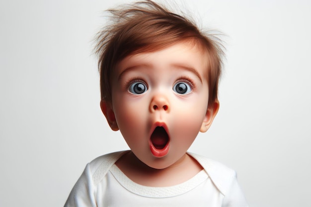 Baby expressing surprise and shock emotion with her mouth open and big wide open eyes on a white background