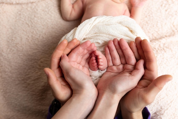 Baby feet in mother's hands Legs of a tiny newborn in the arms closeup Family and child Happy fa