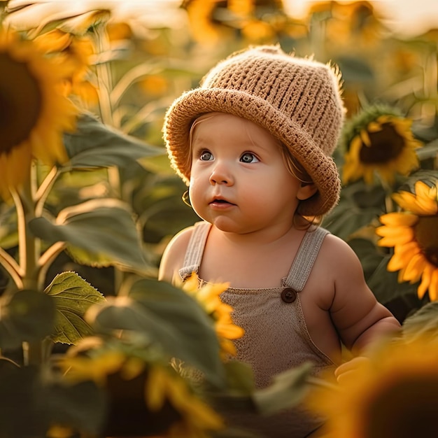 A baby in a field of sunflowers looks up at the camera.