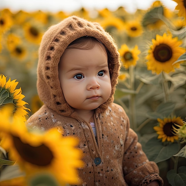 A baby in a field of sunflowers looks up at the camera