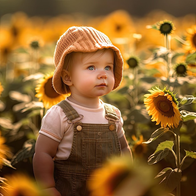 A baby in a field of sunflowers looks up at the sky.