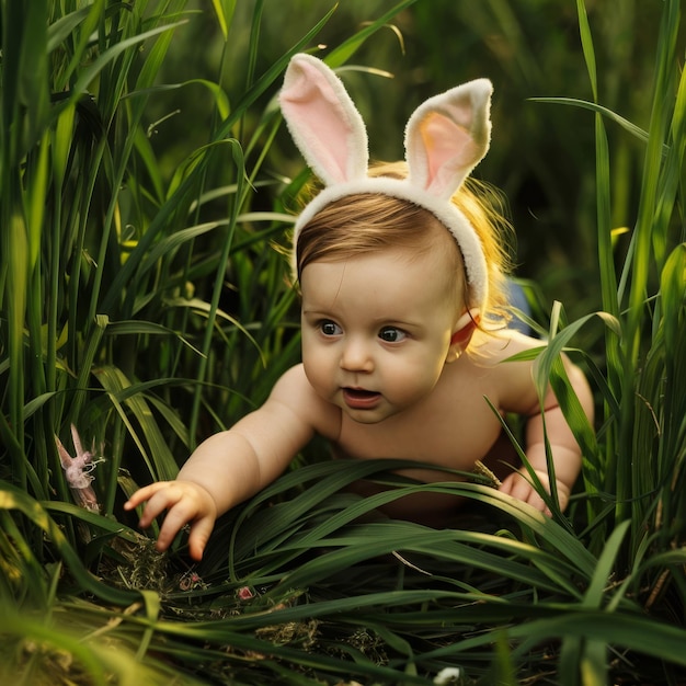 a baby in a field with bunny ears and a bunny head