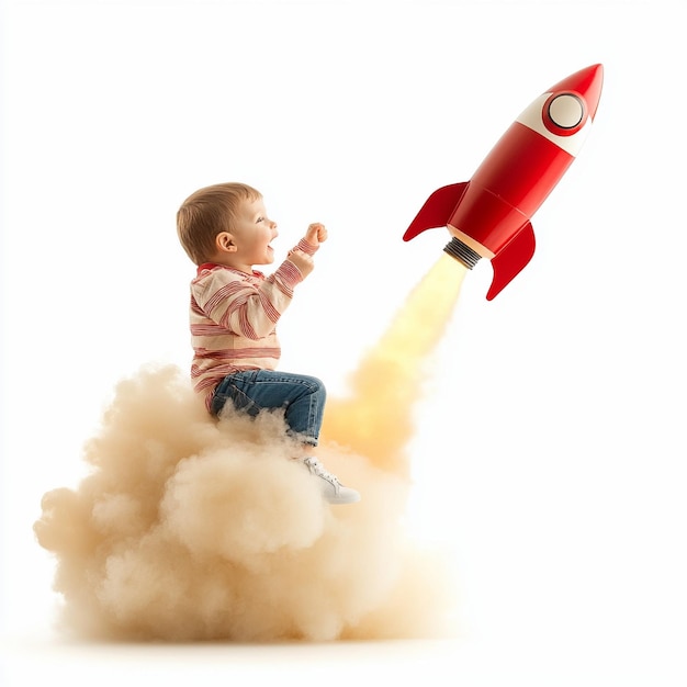 a baby flying in the air with a rocket in the sky