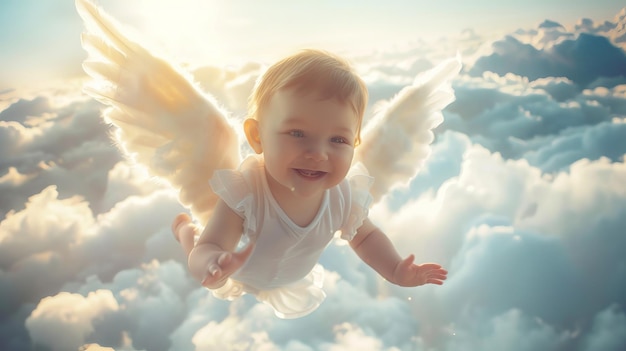 Photo baby flying on angel wings in the middle of the clouds