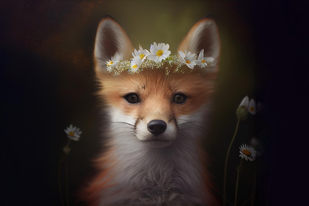 Baby fox with flower crown springtime concept Generative Ai