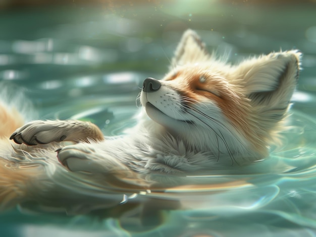 baby foxe floating in the pool playing with the water ripples cute and fluffy white fur happy