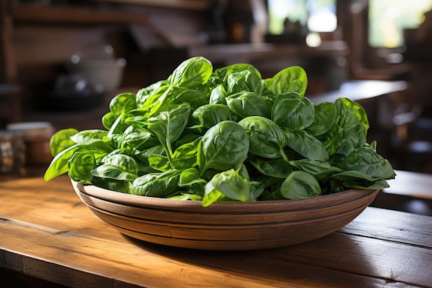 Baby fresh spinach leaves on a bowl on a rustic wooden table Copy the space generative IA