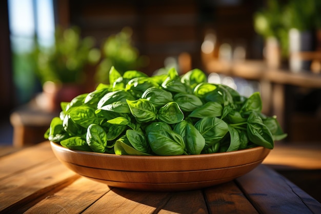 Baby fresh spinach leaves on a bowl on a rustic wooden table Copy the space generative IA