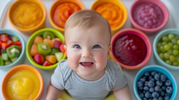 A baby in front of bowls of different fruits