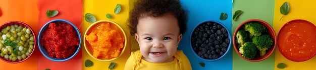 Baby in front of colorful bowls of different food