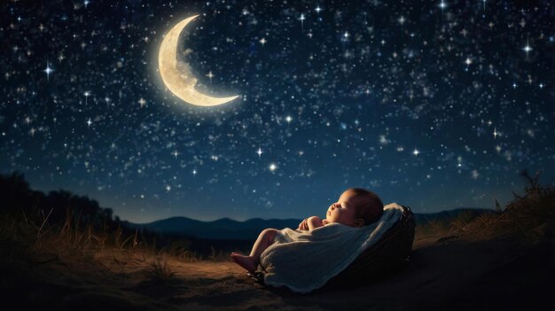 Photo baby gazing at the crescent moon under a starry sky in a serene nighttime landscape wonder