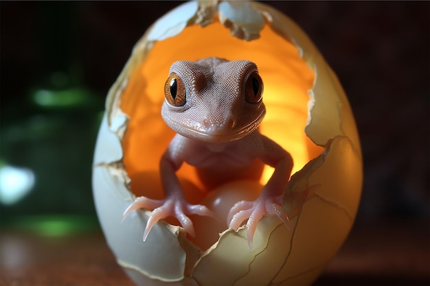 A baby gecko is coming out of a egg