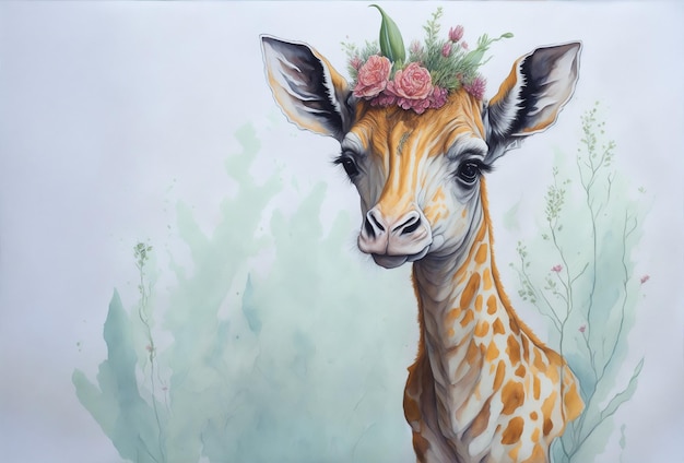 baby giraffe wearing flower hat flower water colour in soft background