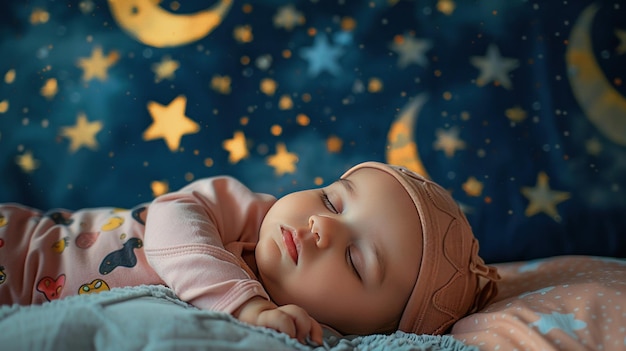 Baby girl 3D moon and stars backdrop close view night sky colors detailed peaceful sleep