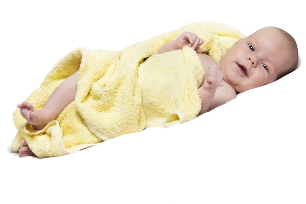 Baby girl After Bath Wrapped in Red Towel Laying and Posing