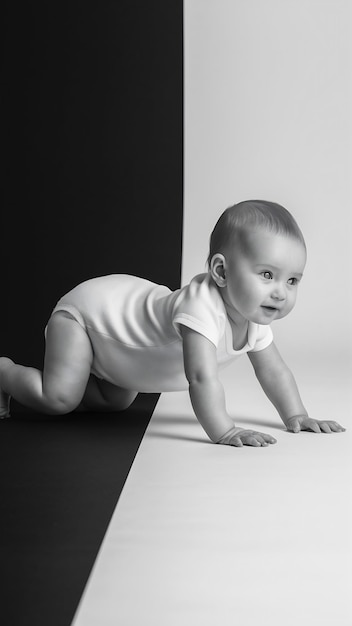 Photo baby girl or crawling on tummy development or progress of motor skill or balance on studio mockup b