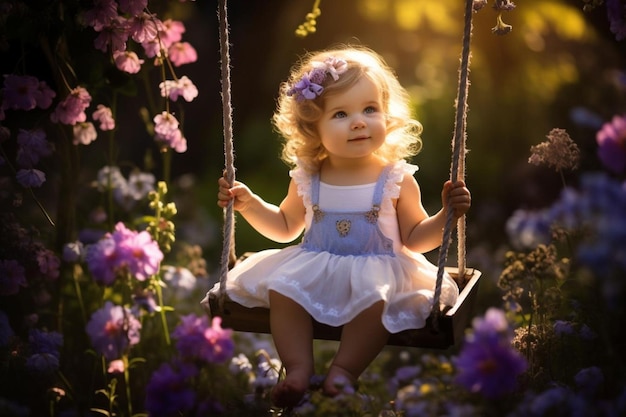 Photo a baby girl dressed as a fairy sitting on a swing baby photos387jpg