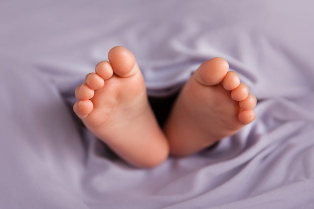 Baby girl feet on soft lilac background in a selective focus, adorable infant tiny toes