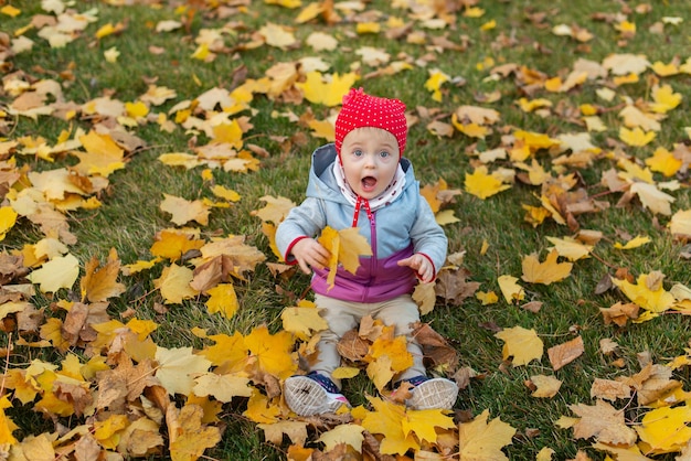 A baby girl is sitting on a lawn in a park in autumn yellow foliage