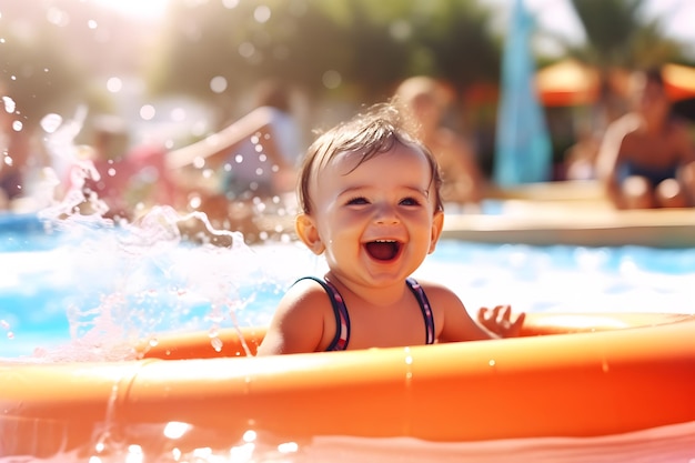 A baby girl is swimming in an orange raft.