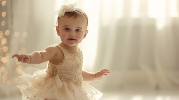 Photo baby girl in a miniature ballerina outfit tiptoeing on the runway