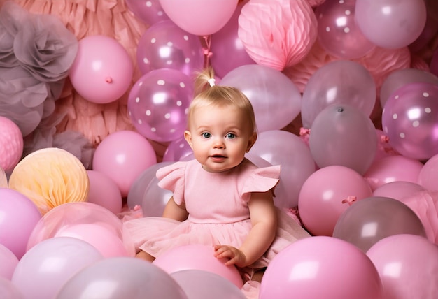 Baby girl in a pink dress surrounded by balloons