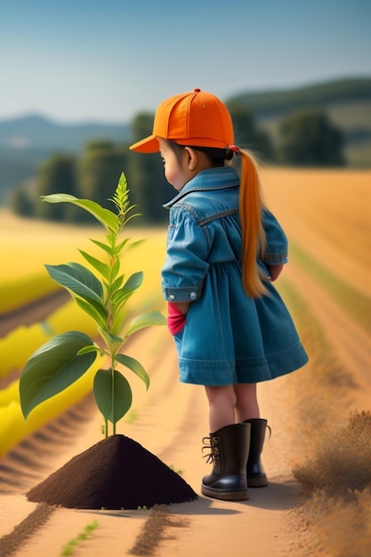 Baby girl planting a crop in a rural field new life concept farming economy concept