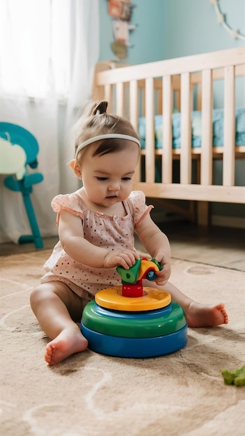 Baby girl playing with educational toy in nursery