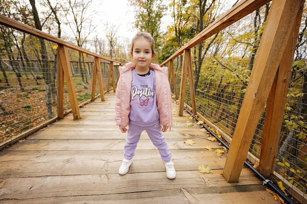 Baby girl posing at wooden bridge in autumn forest