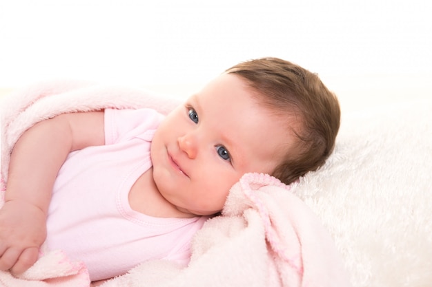 baby girl smiling dress in pink with white fur