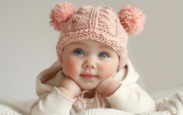 Photo baby girl wearing pink knit hat with pompoms