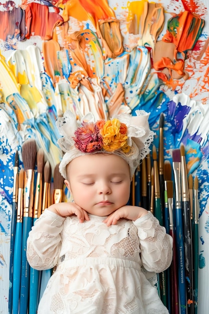 A baby girl in a white dress with a flower crown on her head