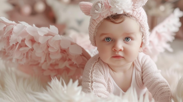 Baby girl with pink bunny hat