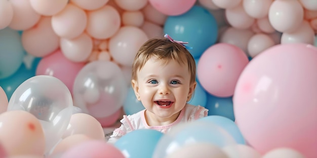 Photo baby girls first birthday celebration with pastel pink and blue balloons concept first birthday celebration baby girl pastel pink blue balloons party decor cake smash