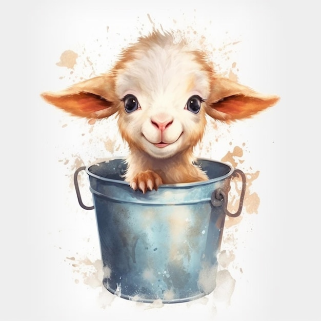 A baby goat is sitting in a bucket of water.