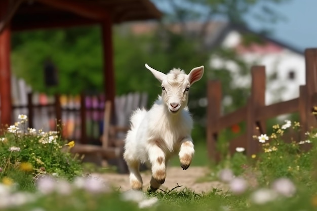 a baby goat running in a field with a fence