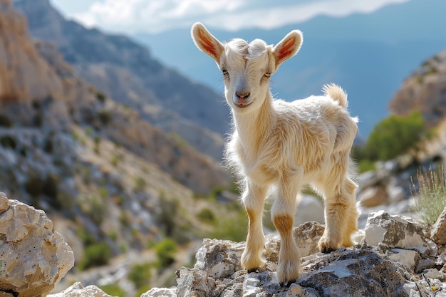 A baby goat standing on a rocky hill looking adventurous