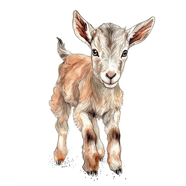 Baby Goat watercolor with ink outline on white background high detailed generative AI