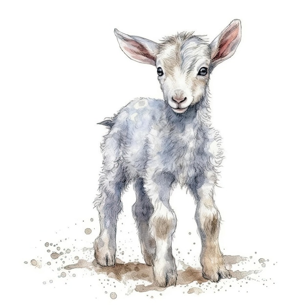 Baby Goat watercolor with ink outline on white background high detailed generative AI