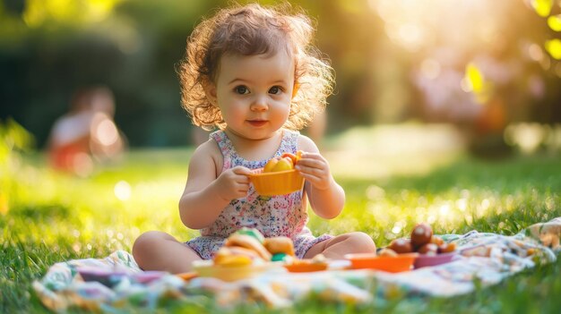 Baby having a picnic with toy food vibrant outdoor setting