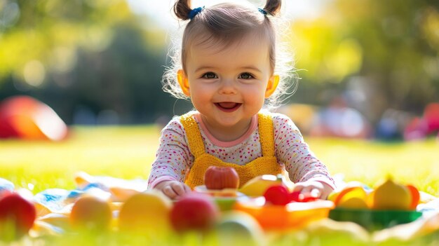 Baby having a picnic with toy food