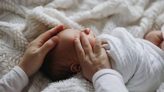 Photo baby head in mother hands mum holding newborn boy lying on white blanket infant heal generative ai