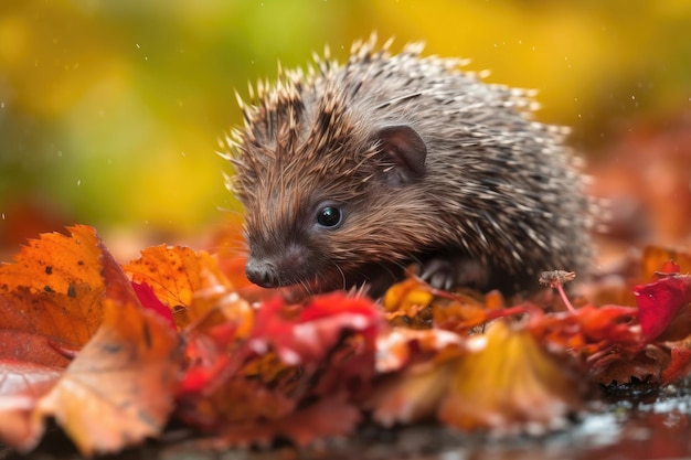 Baby hedgehog curling and uncurling among pile of vibrant fall foliage created with generative ai