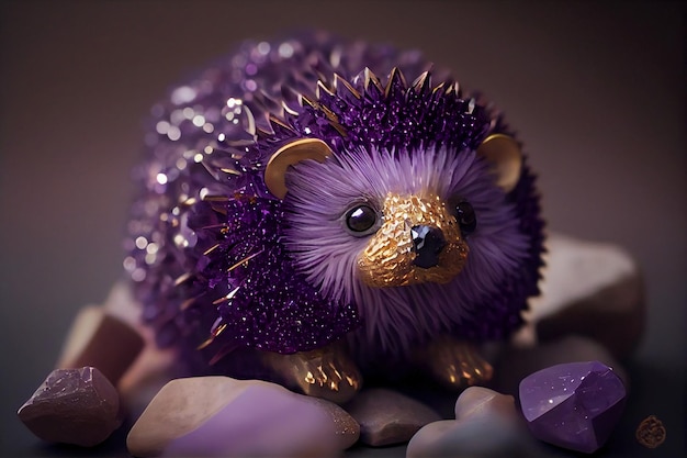 Baby hedgehog made of kintsugi Purple amethyst geode